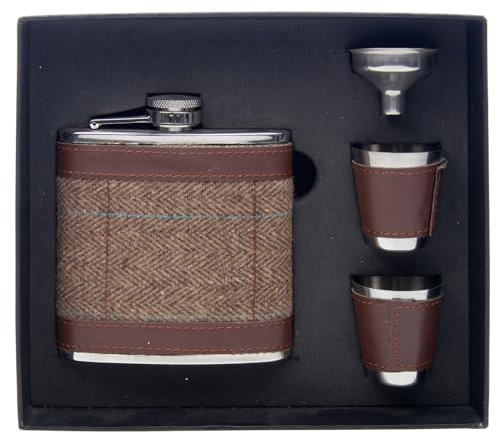 Shudehill Giftware Tweed Brown Hip Flask Set with 2 Mini Cups