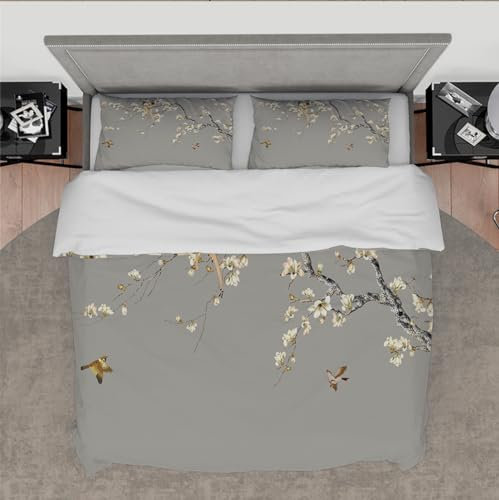 DINGSION Graues Bettwäsche-Set 3-teiliges Mulan Branch Hummingbird Leichtes, atmungsaktives Schlafzimmer-Bettwäsche-Set mit 2 Kissentüchern, 4 Krawatten, Reißverschluss 230 x 230 cm