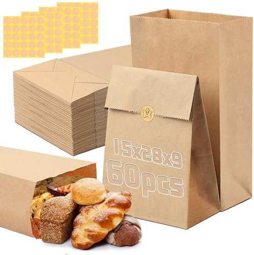 60 Pezzi Sacchetti Carta per Alimenti 15x28x9cm Sacchetti Carta Kraft con Adesivi Sacchetti di Carta Riciclabile Buste Carta Alimenti per l'imballaggio Pane Pizze Dolci Confetti