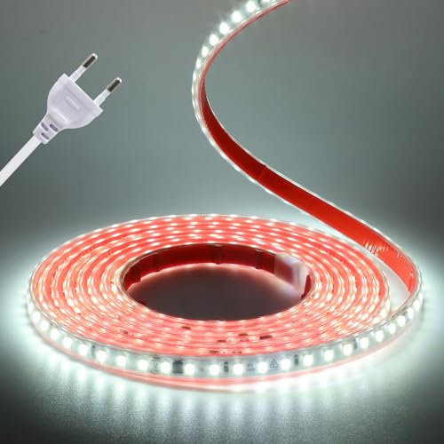 220V LED Strip Light, 2835 SMD 120 LEDs/m Power Free IP65 Waterproof 10cm Cuttable Self-Adhesive LED Strip for Bedroom, Kitchen Outdoor Party DIY Decoration,1m, White