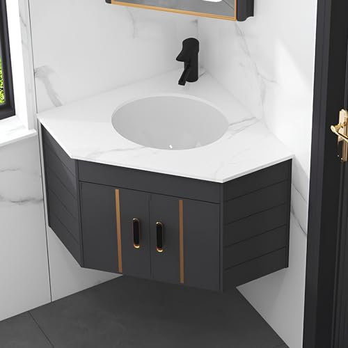 Mobiletto da Bagno Ad Angolo con Lavabo e Armadietto a Specchio, Specchio a LED con Antiappannamento, Lavabo a Parete Lavabo per Lavanderia Lavandino Combo per Cucina Domestica