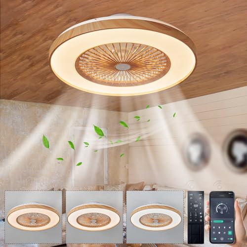 Caunmar Ventilador De Techo Con Luz Sin Aspas, Lámpara Silenciosa, Motor DC Reversible, Regulable, Plafón Para Dormitorio Salón, Color De Vetas De Madera