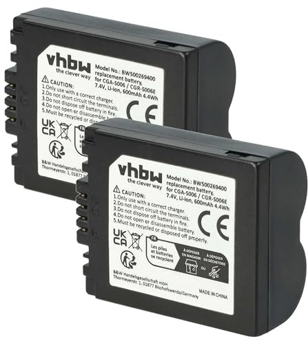 vhbw 2X Batterie Compatible avec Panasonic Lumix DMC-FZ8, DMC-FZ7 Appareil Photo (600mAh, 7,2V, Li-ION)
