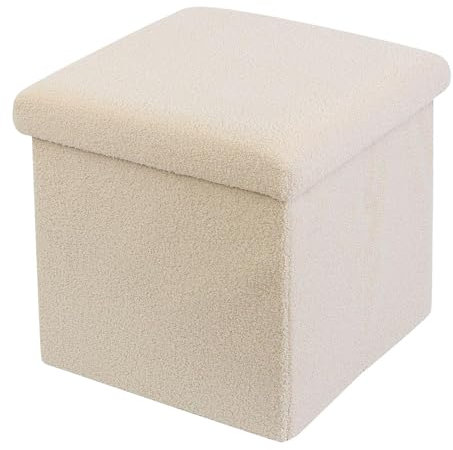 DANIEL JAMES Housewares Folding Ottoman Storage Cube – Compact Padded Footstool Storage Box Chest with Lid for Bedroom, Hallway, Living Room - Teddy Boucle: Cream