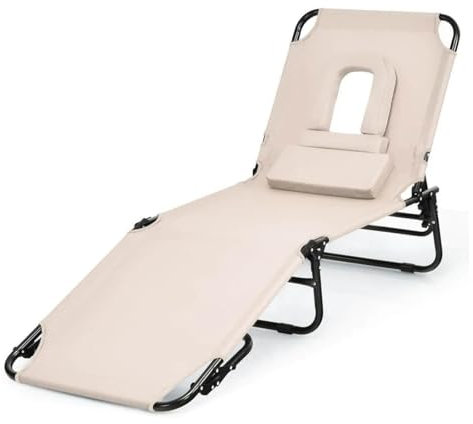 HKDHF Klappbare Sonnenliege Chaiselongue aus Metall for den Außenbereich, faltbar, for Terrasse, Strand, Pool, Sonne mit Loch, Blau(Beige)