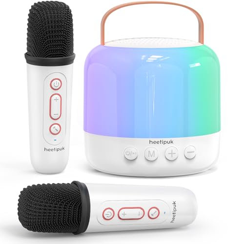 Máquina de Karaoke Mini para Niños, Altavoz Bluetooth Portátil con 2 Micrófonos Inalámbricos, Altavoz de Karaoke con Luces LED, Juguete para Fiestas de Cumpleaños en Casa para Niñas 3-11+ Años- Blanco