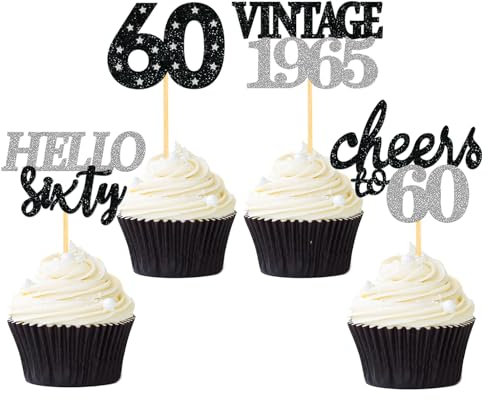 24 Stück Glitzer 60. Geburtstag Cupcake Topper Geburtstagsdeko von 1965 für 60 Geburtstagsfeier Zubehör Party Dekoration Kuchendekoration (Schwarz & Silber)