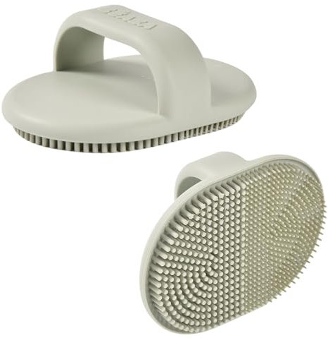BÉABA, Brosse de Bain pour Bébé en Silicone, Toilette Bébé, 2 Côtés, Poils Fin pour Masser bébé, Poils épais pour croûtes de lait, 100% Silicone Doux, Vert de gris