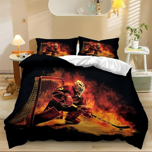 Bettbezug mit Kissenbezug Bettwäsche-Set mit Eishockey-Torwart Print Schwarz Rot, 135 x 200 cm weich und bügelfrei, Bettwäsche Set Mikrofaser mit Reißverschluss
