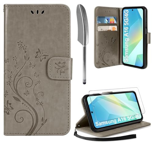 AROYI Lederhülle Kompatibel mit Samsung Galaxy A16 5G/4G Hülle und Schutzfolie, Flip Wallet Handyhülle PU Leder Case Kartensteckplätzen Schutzhülle Kompatibel mit Samsung Galaxy A16 5G Grau