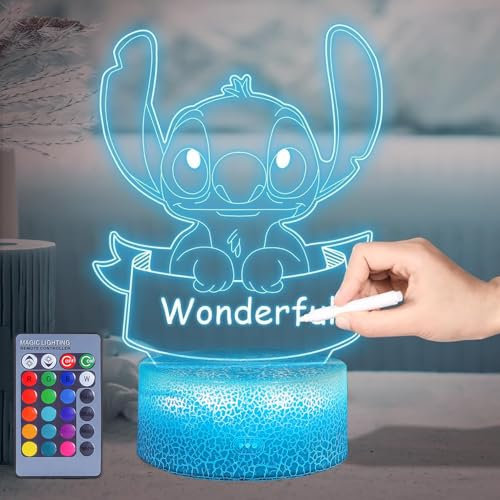 Hoofun Lampe Stitch, 16 Couleurs 3D LED Illusion Lampe avec Smart Télécommande et 4 modes, DIY Veilleuse pour Enfant, Stitch Merch d'animation pour Chambres des Enfants Noël Cadeaux Chambre Décoration