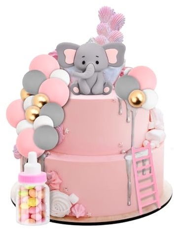Tortendeko für Mädchen und Baby Babyparty Kuchen Deko, mit Rosa Kleiner Elefant Puppen und DIY Kuchentopper Kugeln, Ideal für Baby Junge Mädchen Geburtstag Party Deko