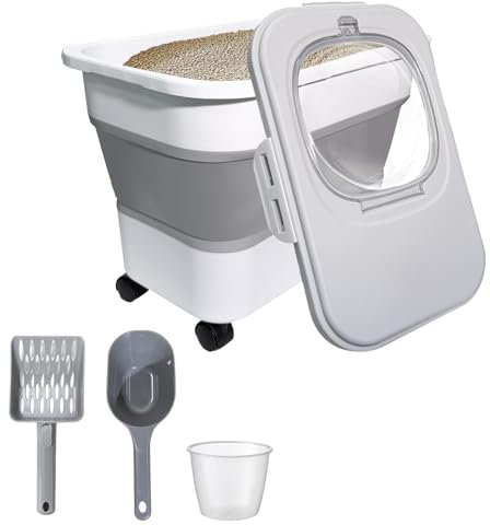 Conteneur de rangement pliable pour litière pour chat avec roulettes à roulettes, couvercles hermétiques, pelle à litière pour chat, conteneur de rangement portable, sans BPA (gris)