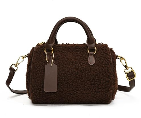 CORIOS Damen Lammwolle Handtasche Flauschige Tasche Plüsch Schultertasche Niedlich Flauschige Umhängetaschen Tote Beutel Elegant Tragetasche Messenger-Tasche Frauen Henkeltaschen Boston Tasche Kaffee