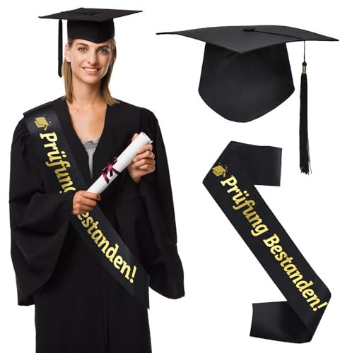 KASURE Prüfung Bestanden Schärpe mit Absolventenhut, Schwarz Gold Graduation 2025 Deko Set Bachelor hut mit Abitur Schärpe Abschluss Schärpe Doktorhut Graduation Hat Geschenkidee Abschluss Hut Unisex