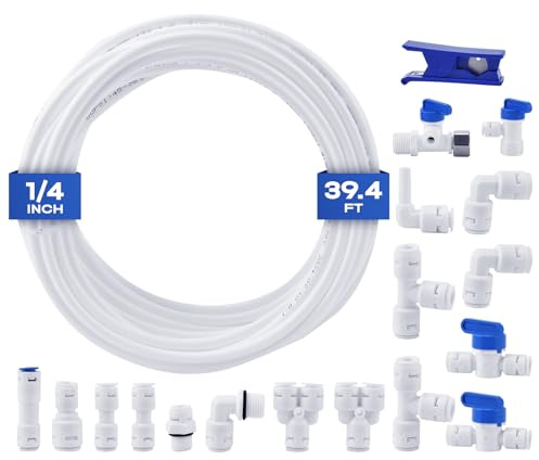 CNAODUN - Kit de línea de agua para refrigerador, con diámetro exterior de 1/4 pulgadas, tubo de agua de 39.2 pies, kit de línea de agua, ósmosis inversa, accesorios de conexión rápida, tubo de agua