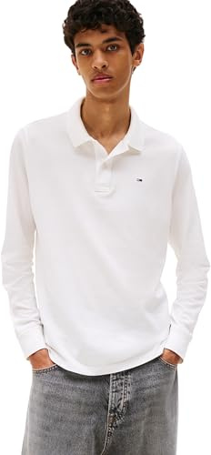 Tommy Jeans Men's Long Sleeve Slim Placket Cotton Polo Shirt, White (Ecru), XL