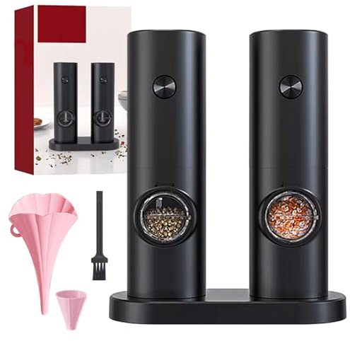 Electric Salt and Pepper Grinder Set – Battery Operated Salt & Pepper Mills with Adjustable Coarseness, One-Handed Operation, LED Light, and Stand – Includes Funnel & Brush, Modern Kitchen Gift