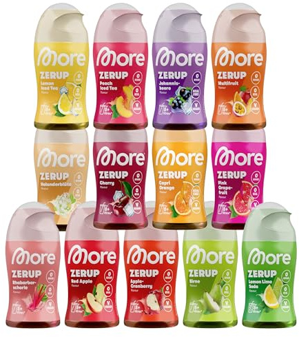 MORE Zerup, mixed 13er Bundle, 13 x 65 ml, für bis zu 104 l Fertiggetränk | Zuckerfreier Sirup mit u.a. echten Fruchtextrakten, vegan, zero Kalorien - made in Germany (Sorten können variieren)