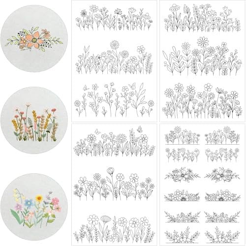 Stickvorlagen Wasserlöslich, 4 Blatt mit 50 Stück Glockenblumenmotiven und Kolibrimotiven, Selbstklebende Stickvorlage, Sticken Für Anfänger, für DIY HandnäHliebhaber Stickerei (D)