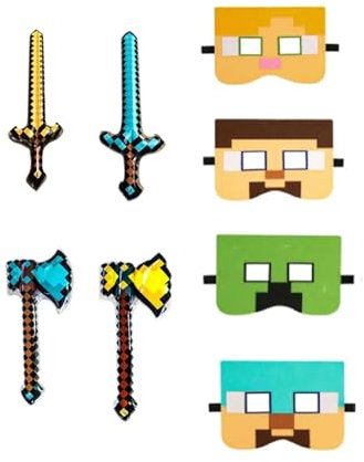 Yoimcaky 8 Piezas Juego de juguete, 2 Pixel Espada Inflable Niños, 2 Hacha, 4 Máscaras Gamer, Armas Inflables de Espadas de Pixel, Inflables Juguete Arma, Suministros de Fiesta de Cosplay, Regalo