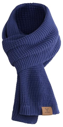 YESWEL Schal Herren & Damen, Dicker Warmer Winterschal für Männer, Klassische Waffelstrickschal, Langschal mit Echter Leder Veredelung, 175 x 28 cm (Blau)