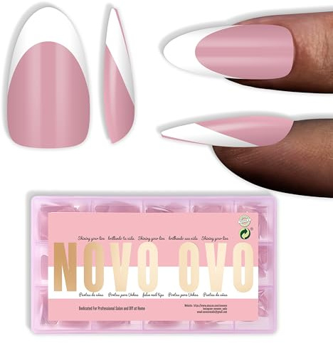 NOVO OVO White French Tip Almond Nail Tips Press on BERRY PINK, Extra Thick Medium Soft Gel Fake Nail Acrylic Extension, Need Builder Gel Top Coat, No Glue Included, for Salon DIY x 15 Sizes 240 pcs