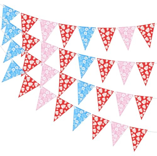 4stk Tropische Hawaiianische Wimpelbanner, Vorgefertigte Blaue Rosa Hibiskus und Rotes Blatt Wimpelgirlande Cartoon Thema Flagge Wimpelkette für Sommer Strand Geburtstag Party Dekorationen