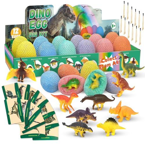 shallyong Dino Eier Zum Ausgraben, 12 Stück Dinosaurier Eier Spielzeug für Kinder, Dinosaurier Ausgrabungsset mit Meißel und Bürste, Lehrreiches Archäologie Spielzeug für Jungen Mädchen