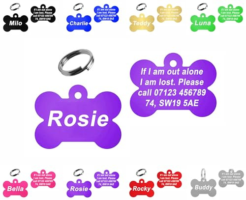 Personalised Engraved Dog Tag | 38mm Wide Bone Shape | ID Tag for Pets | Vibrant Colours (Purple)