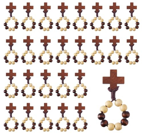 DICOSMETIC 24/25/30 Stück Holz Fingerrosenkranz Katholischer Fingerrosenring Pocket Rosenkränze Ring Mit Kreuz Holz Heiliges Land Perlen Ring Taufe Geschenk Für Männer Frauen Hochzeit Kirche