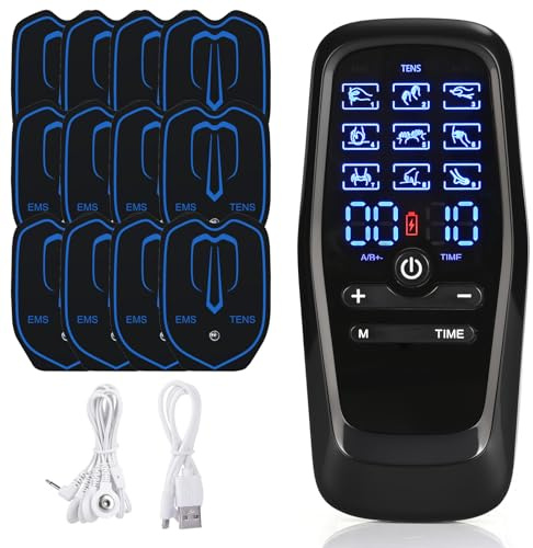 Electrostimulateur Musculaire, TENS/EMS/Massage Electrostimulateur, 2 Canaux avec 9 Modes de Massage et 30 Vitesses Réglables,Muscle Stimulator avec 12 Patchs, Appareil Portable Thérapie Anti-Douleur