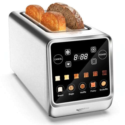 Keenstone 4 Slice Smart Long Slot Toaster, Stainless Steel Touchscreen Toaster with Dual Independent Controls, Single Slice Mode, 6 Browning Levels, Defrost, Reheat & Bagel Functions for Artisan Bread