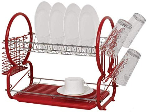 St@llion 2 Tier Dish Drainer Chrome Rack with Glass Utensil Cutlery Caddy & Drip Tray