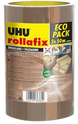 UHU Rollafix Packband, Hochwertiges Verpackungsklebeband, braun, 3 x 50m