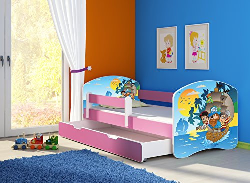 CLAMARO 'Fantasia Pink' 180 x 80 Kinderbett Set inkl. Matratze, Lattenrost und mit Bettkasten Schublade, mit verstellbarem Rausfallschutz und Kantenschutzleisten, Design: 21 Piraten