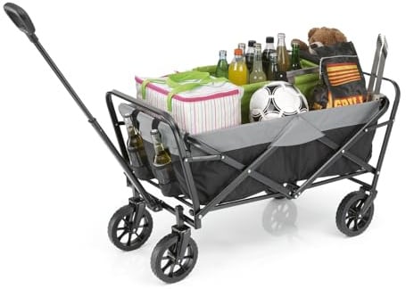 EASYmaxx Bollerwagen faltbar | Klappbarer Handwagen | Transportkarre bis 80 kg belastbar | Kompaktes Design | Ausziehbarer Griff | 360° Vorderräder | Für Ausflüge, Garten, Festivals [Schwarz/Grau]