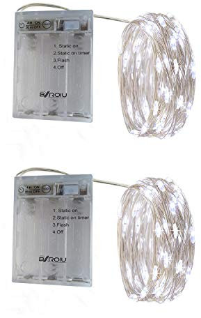 BXROIU 2 x 20er Micro LED Lichterkette Batterie betrieb 3 Programm mit Timer Auf Silberdraht für Party, Weihnachten, Halloween, Hochzeit Deko (Kaltes Weiß, 2 metre 2 Stück)