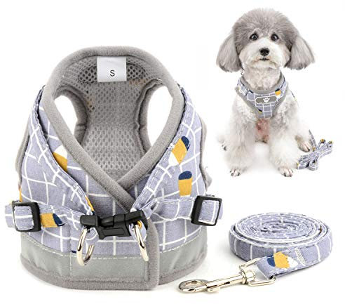 Zunea No Pull Small Dog Harness and Lead Set Adjustable Reflective Step-in Chihuahua Vest Harnesses Mesh Padded Plaid Escape Proof Puppy Jacket for Boy Girl Pet Dogs Cats Gray S