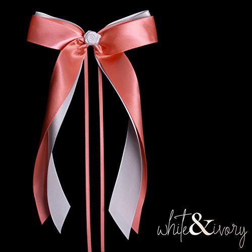 white & ivory 25 Autoschleifen Hochzeit Antennenschleifen | rosa Koralle & weiß - die Trendfrarbe 2022 | doppelt handgebunden mit Rose | hochwertiges Satin | Autoschmuck | Deko Schleife