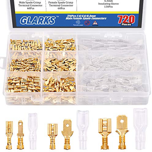 Glarks Set di morsetti a crimpare in filo di rame con manicotti in nylon per altoparlanti audio e auto, 720 pezzi, 2,8 mm, 4,8 mm, 6,3 mm