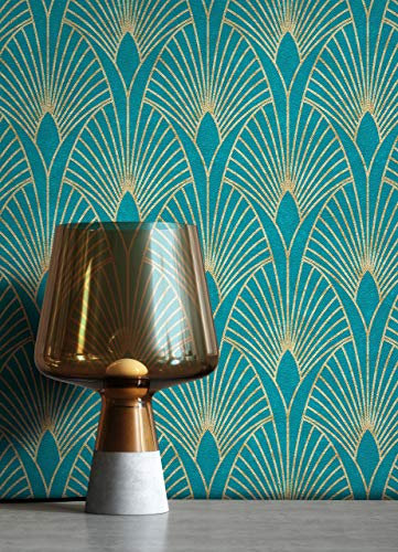 NEWROOM Tapete Blau Vliestapete Pfauenfeder - Mustertapete Modern Gold Petrol Blätter Ornamente Retro Grafisch 50er Art Glamour inkl. Tapezier-Ratgeber