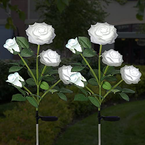 Solarlampen für Außen Garten, ZVO 2 Stück Solarleuchten Garten Deko mit 10 LED Rose Blume Lichter, Solar Wegeleuchten Außen Gartenleuchte Lampen für Outdoor Rasen Feld Weg Terrasse(Weiß)