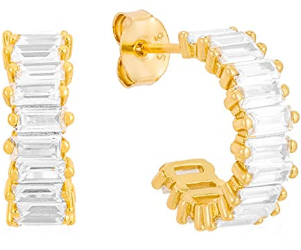 Brandlinger ® Ohrringe aus 925 Sterling Silber vergoldet (18K) aus verschiedenfarbigen Zirkoniasteinen im Baguetteschliff, Durchmesser 15mm (Gold (weiß))