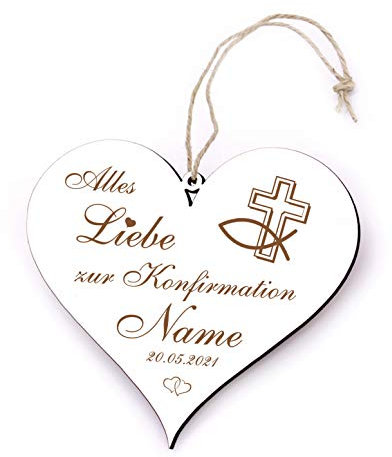 Schild Herz graviert - Alles Liebe zur Konfirmation - mit Namen und Datum 13x12cm | Dekolando Home Accessoires