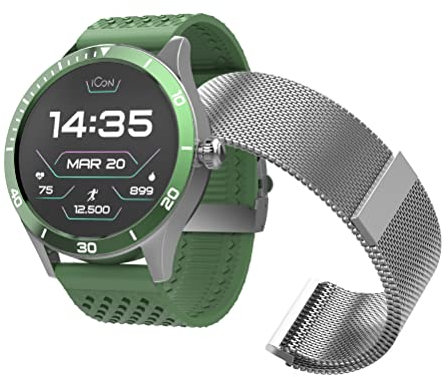 FOREVER Smartwatch AMOLED ICON II AW-110 zusätzlichem Band, Display 1,3“ 360x360 Pixels, IP68, Bluetooth v 5.1, Standby-Zeit 10 Tage, Li-Ionen Akku 310 mAh, Ladezeit 2 Stunden, GoFit-App Green