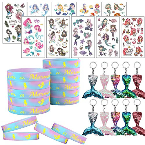 32 Stück Meerjungfrau Party Mitgebsel, Mädchen Kindergeburtstag Geschenke, Meerjungfrau Temporäre Tattoos Armbänder Schlüsselanhänger für Kinder Mädchen Meerjungfrau Party