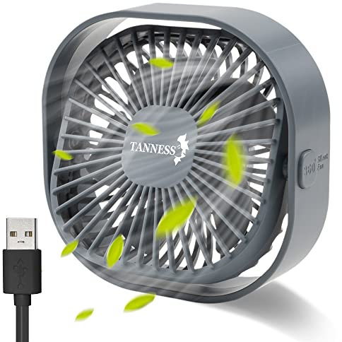 TANNESS Desk Fan, USB, 360° Rotation | Small, Portable Quiet, 3 Speed Fans & Strong Airflow, Standing Cooling Quiet Bedroom, Grey