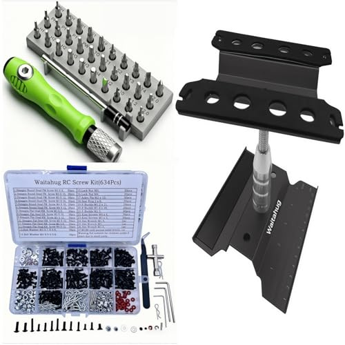 RC Car Repair Tool Set-634 Pcs Screw Kit-360 Degree Rotation Liftable Repair Workbench-32 Pcs Screwdriver Set-1/16 1/12 1/10 1/8 All Kinds of Remote Control Trucks, Cars, Trains, Planes, etc (Black)