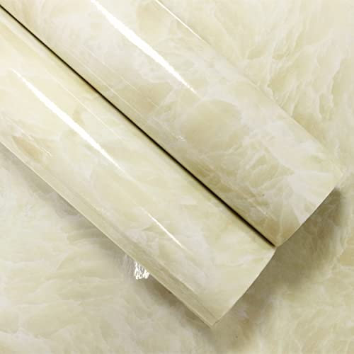 JOLIHOME Papier Peint Autocollant Jaune en Marbre Crème Papier de Contact à Décoller et à Coller Autocollant en Plastique Brillant Avec Dos Autocollant Rouleau de Film Vinyle Brillant 40x500cm